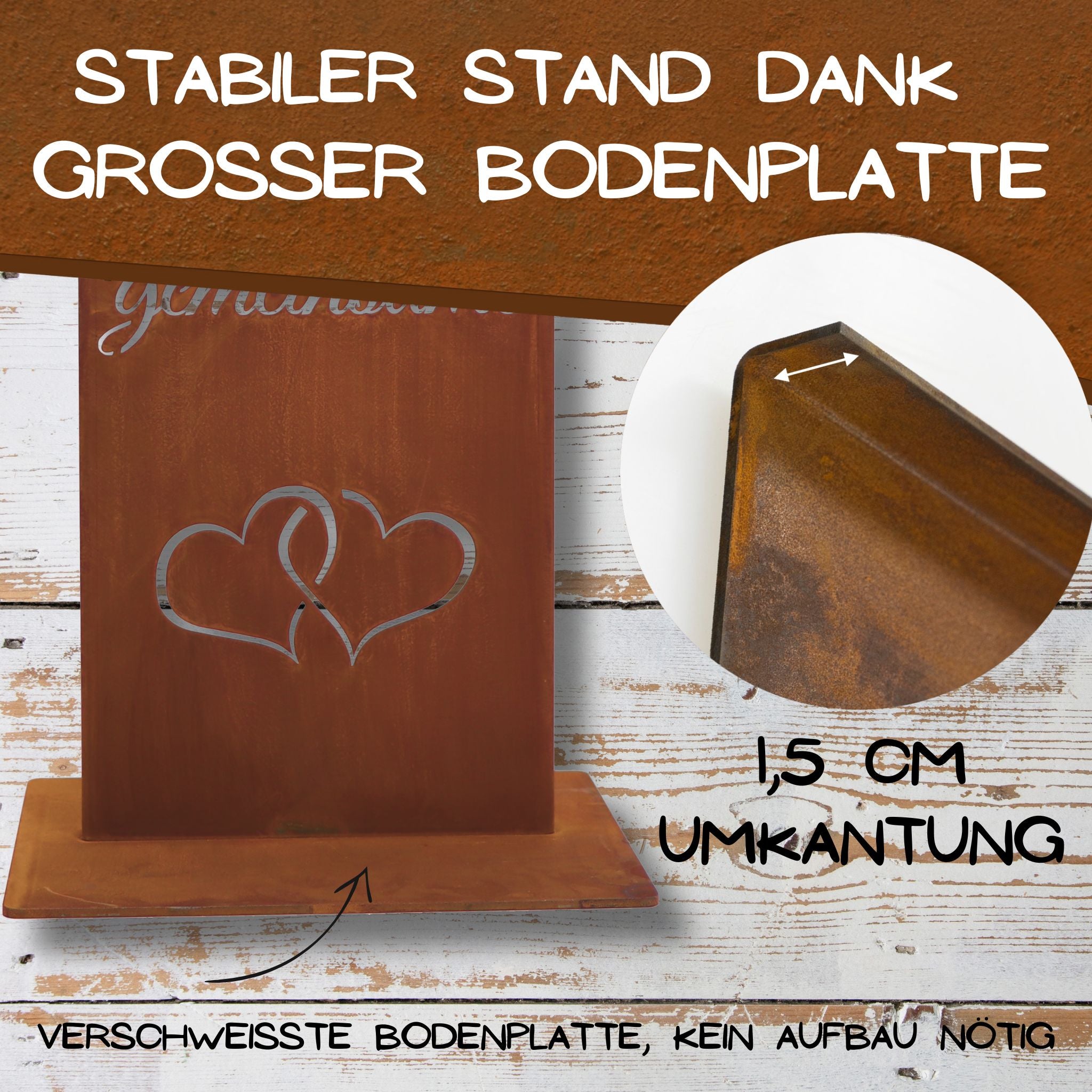 Detailansicht Edelrost Stele mit verschweißter Bodenplatte und 1,5 cm Umkantung – stabiler Stand ohne Montage