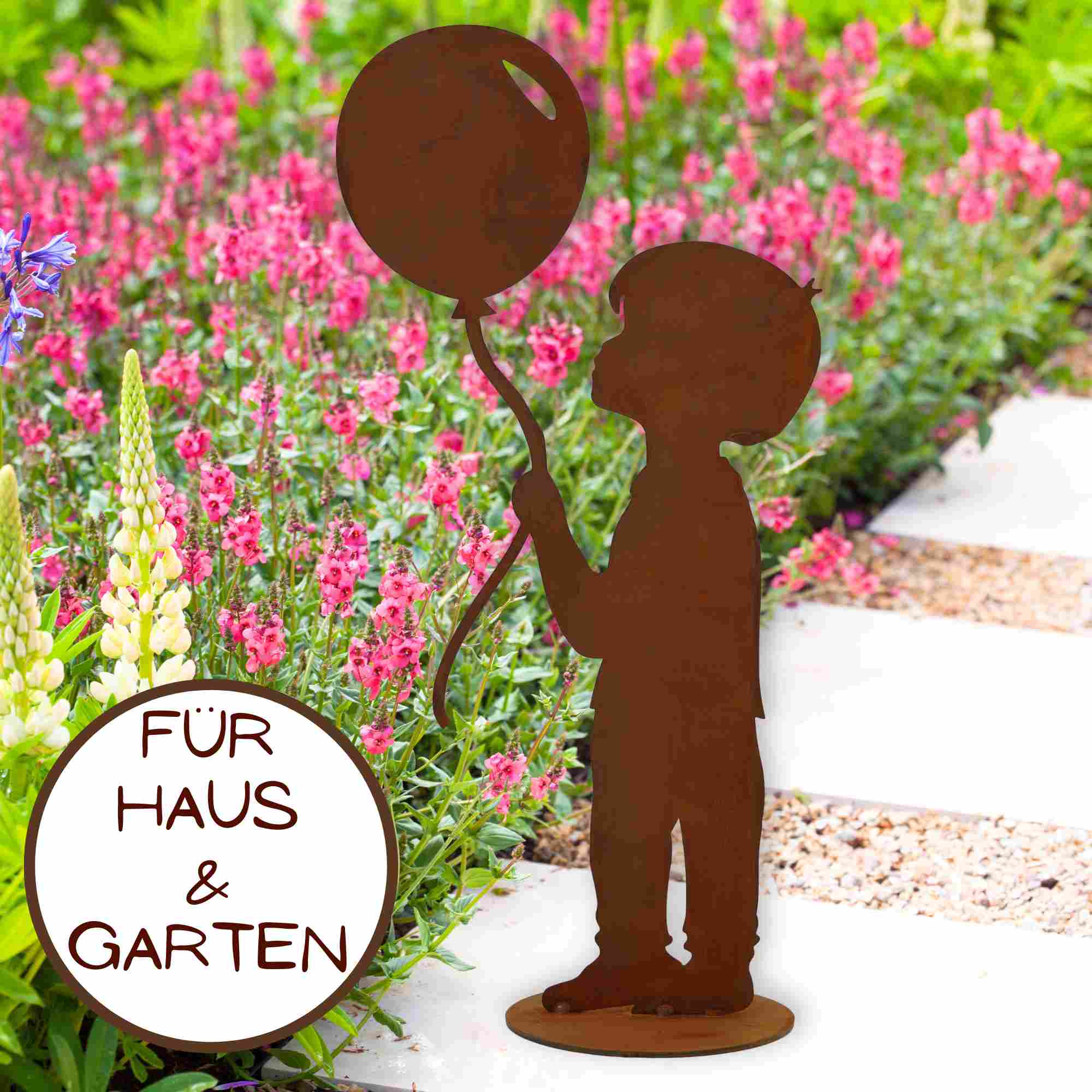 Der wetterfeste Rostfigur Junge mit Luftballon bereichert jeden Garten. Liebevoll gestaltet, ist er eine wundervolle Ergänzung im Garten.