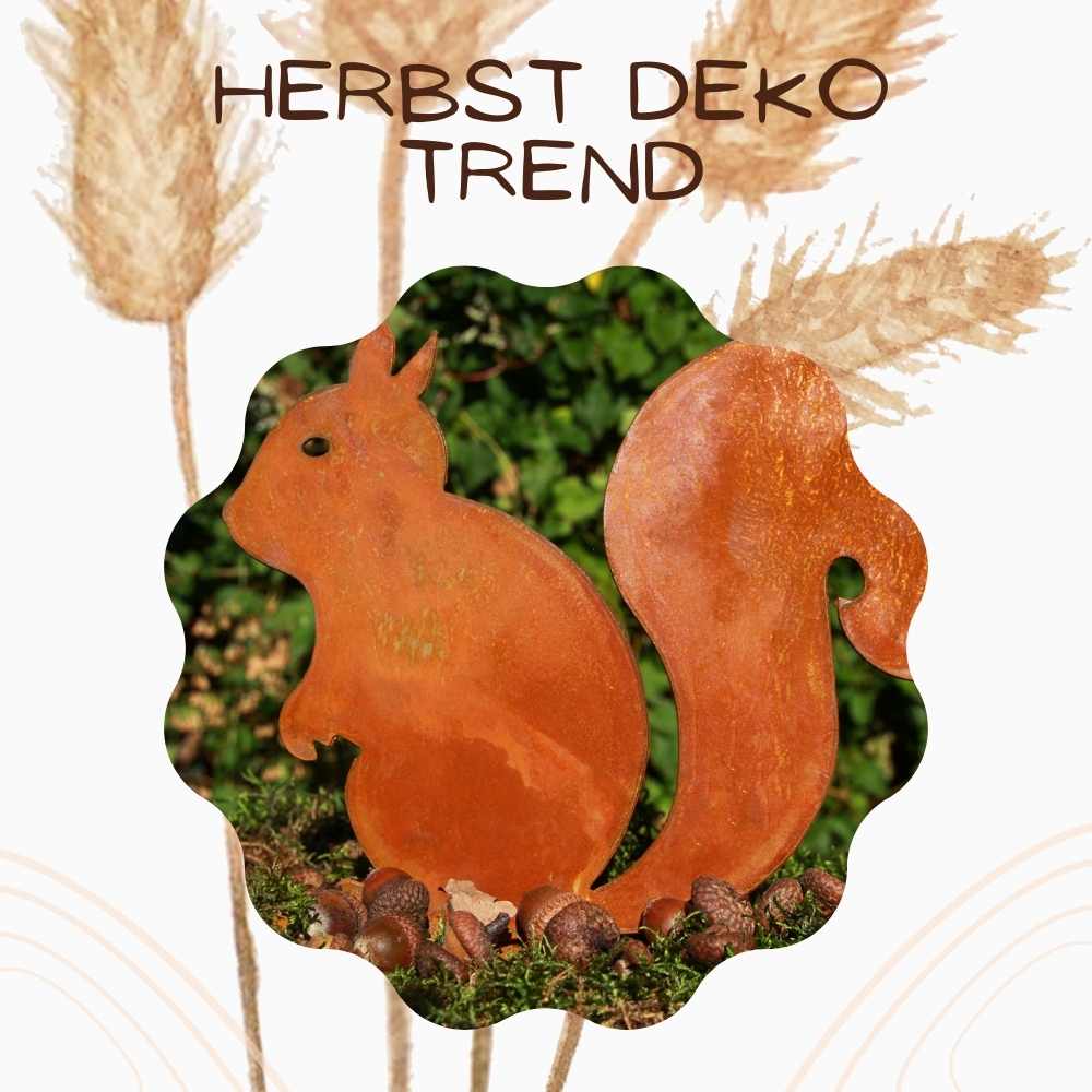 Eichhörnchen Figur aus rostigem Metall – hochwertig, wetterfest für Ihre Herbstdeko mit natürlicher Rostoptik.