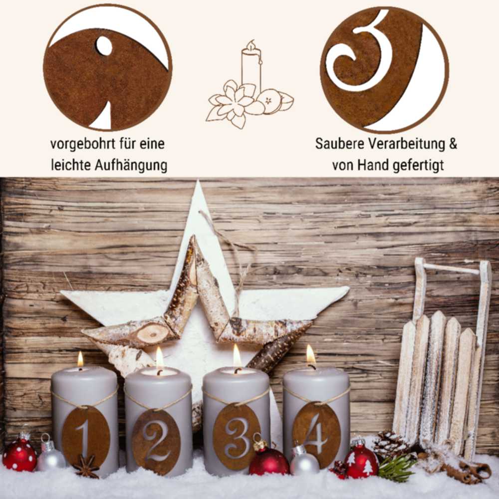 Edelrost Adventsdeko Zahlen zum Hängen, langlebig und mit echtem Rost Finish, perfekte Wahl für eine besinnliche Weihnachtsdeko im Haus oder Garten.