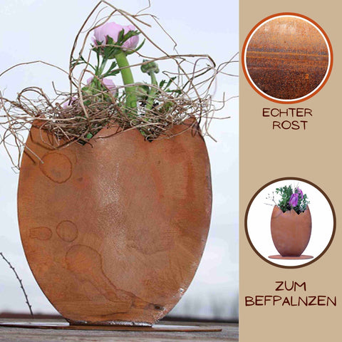 Bepflanzbares rostiges Osterei: Stilvolle Gartendekoration, die Frühlingsblüher & Osterstimmung vereint.
