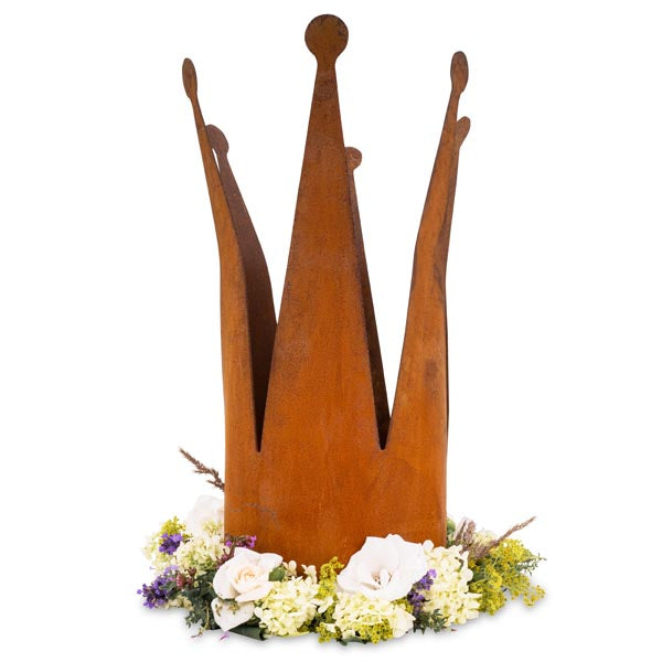 Rostige Metall Krone als handgefertigte Dekofigur oder Zaunhocker mit biegsamen Zacken für Dekoideen im Haus und Garten