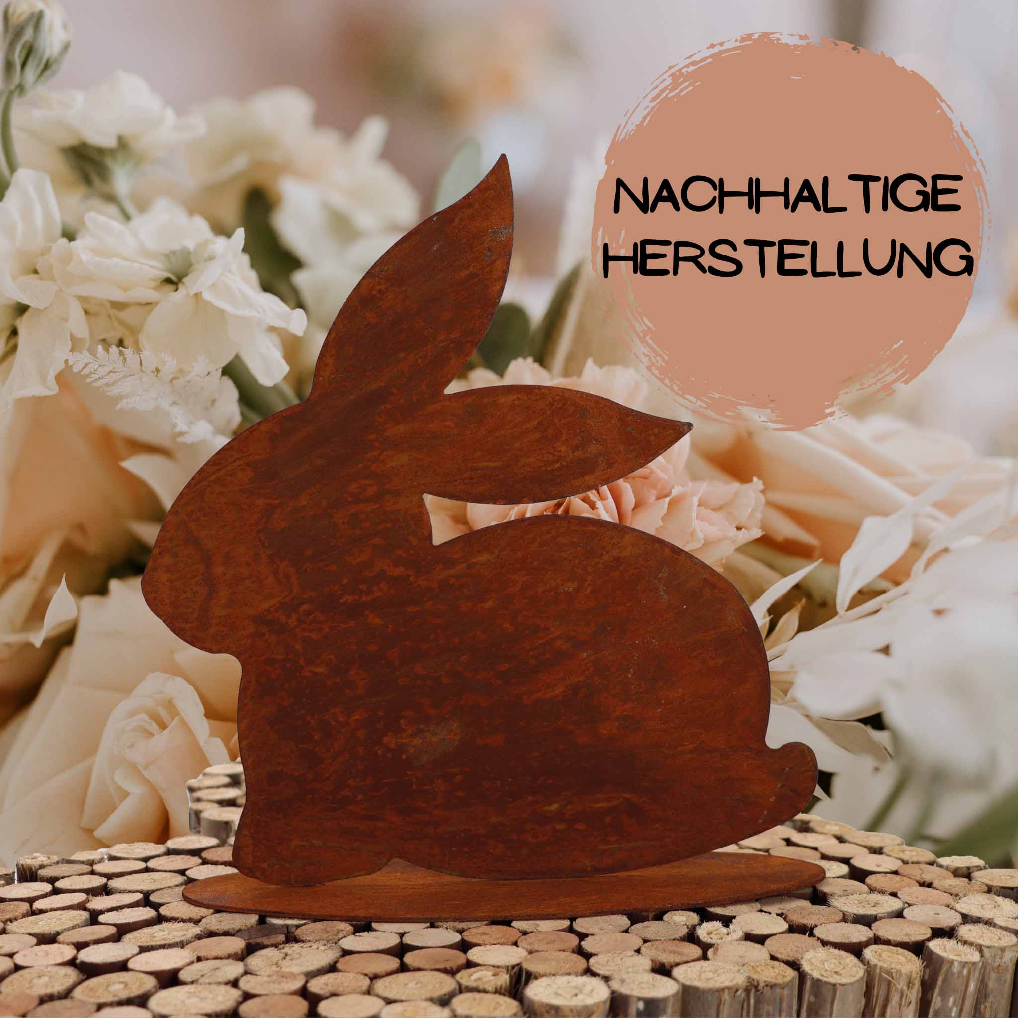 Sitzender Hase aus Metall: Rustikale Tierfigur als charmante Oster-Dekoration für den Garten oder als Wohndeko.