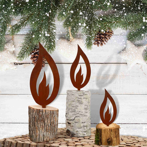 Edelrost Flammen Deko | Metall Dekostecker für Weihnachten & Garten – im Set & 5 Größen