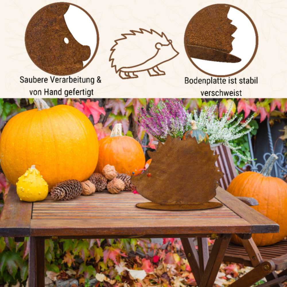 Handgefertigte Igel Deko aus Metall in Rost Optik als eine charmante Dekoration für den Herbst und einen echten Blickfang für jeden Raum