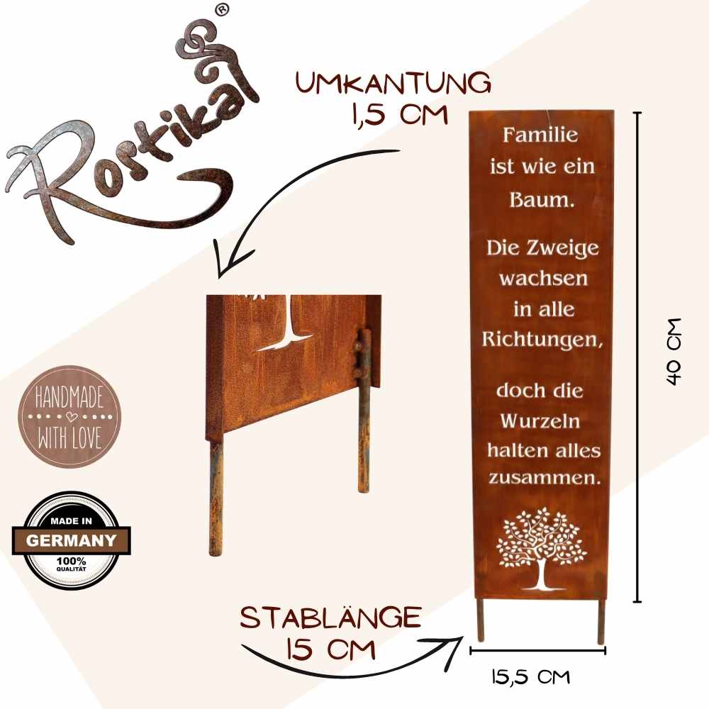 Einzigartiges handgefertigtes Metall Schild mit Familien Spruch und Baum Motiv in Rost Optik, geeignet für den Innen- und Außenbereich.