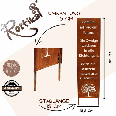 Einzigartiges handgefertigtes Metall Schild mit Familien Spruch und Baum Motiv in Rost Optik, geeignet für den Innen- und Außenbereich.