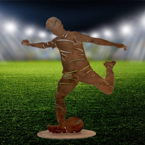 Edelrost Fußballspieler, Metallsilhouette, Gartendekoration, Geschenkidee für Sportliebhaber