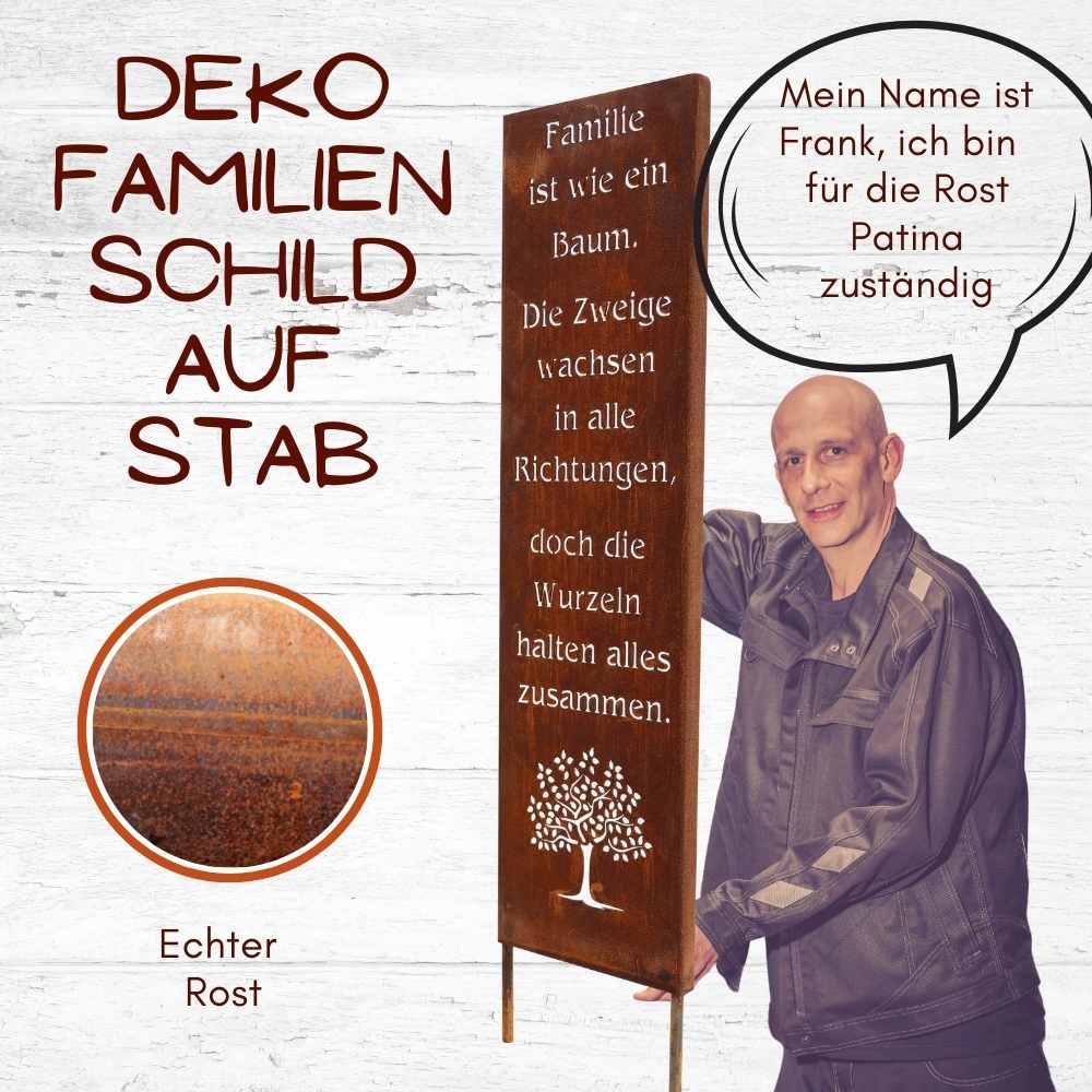 Handgefertigte Spruchtafel mit Zitat über die Familie und Baum Motiv, einzigartiges Rost Finish, geeignet für drinnen und draußen.