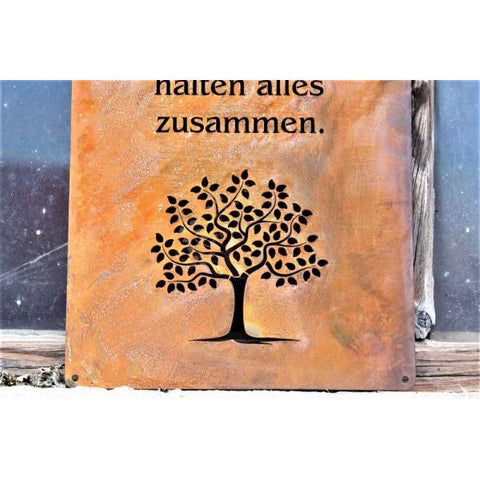 Bezaubernde Metall Deko Familien Spruch Tafel als rostige Hängedekoration im Garten, besondere Wanddeko im Wohnzimmer und im Flur.
