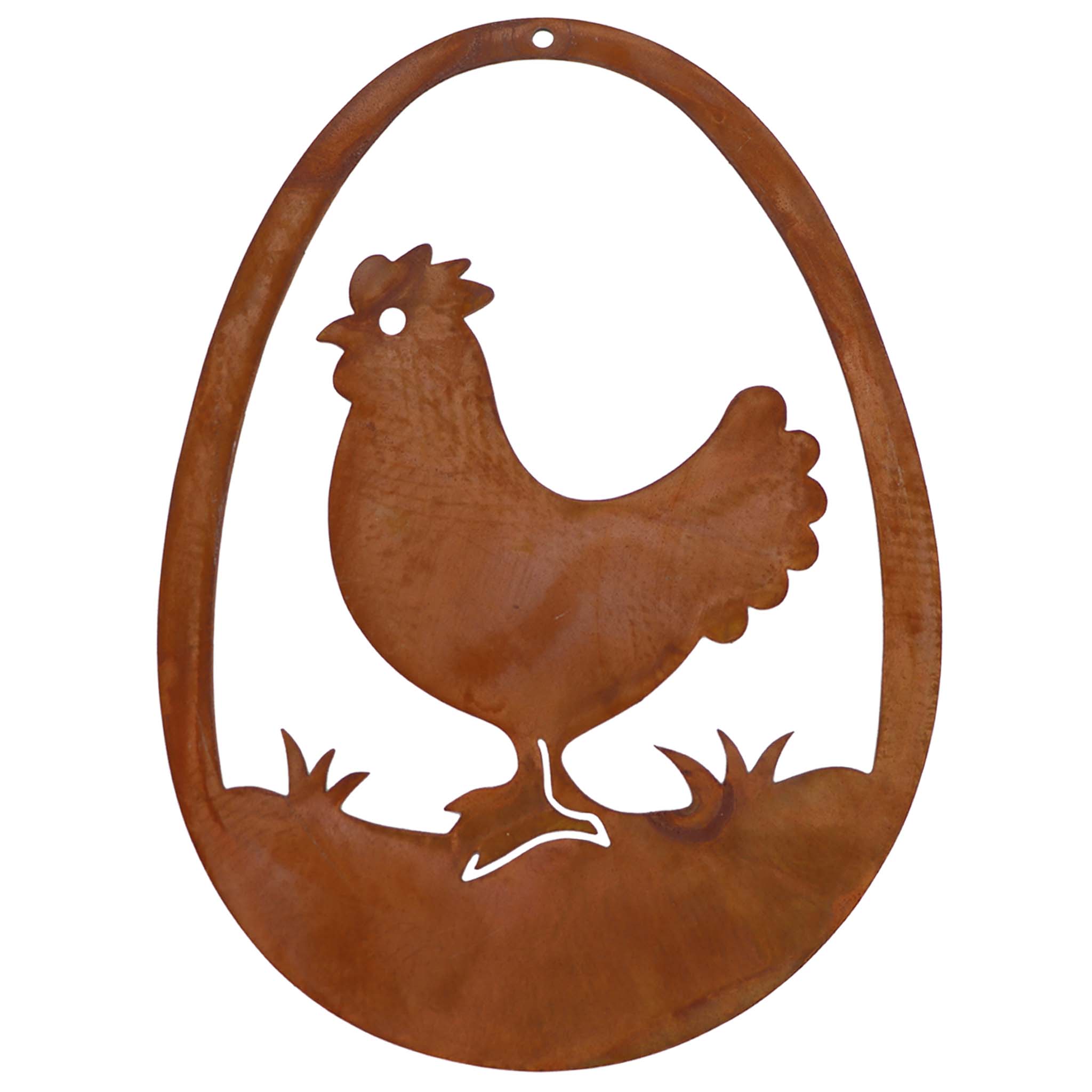 Handgefertigte Blechdeko mit Huhn-Motiv, rostiger Metall-Look
