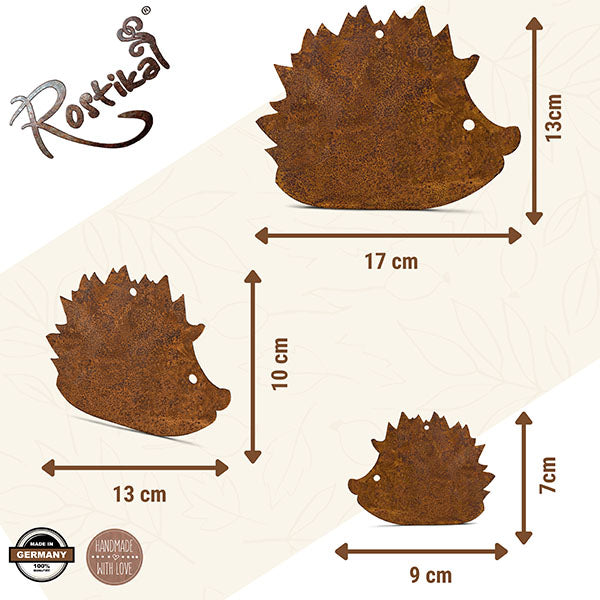 Handgefertigte Hängedeko Igel im Edelrost Design für eine rustikale Herbstdekoration im Garten, im Wohnzimmer und an der Haustüre