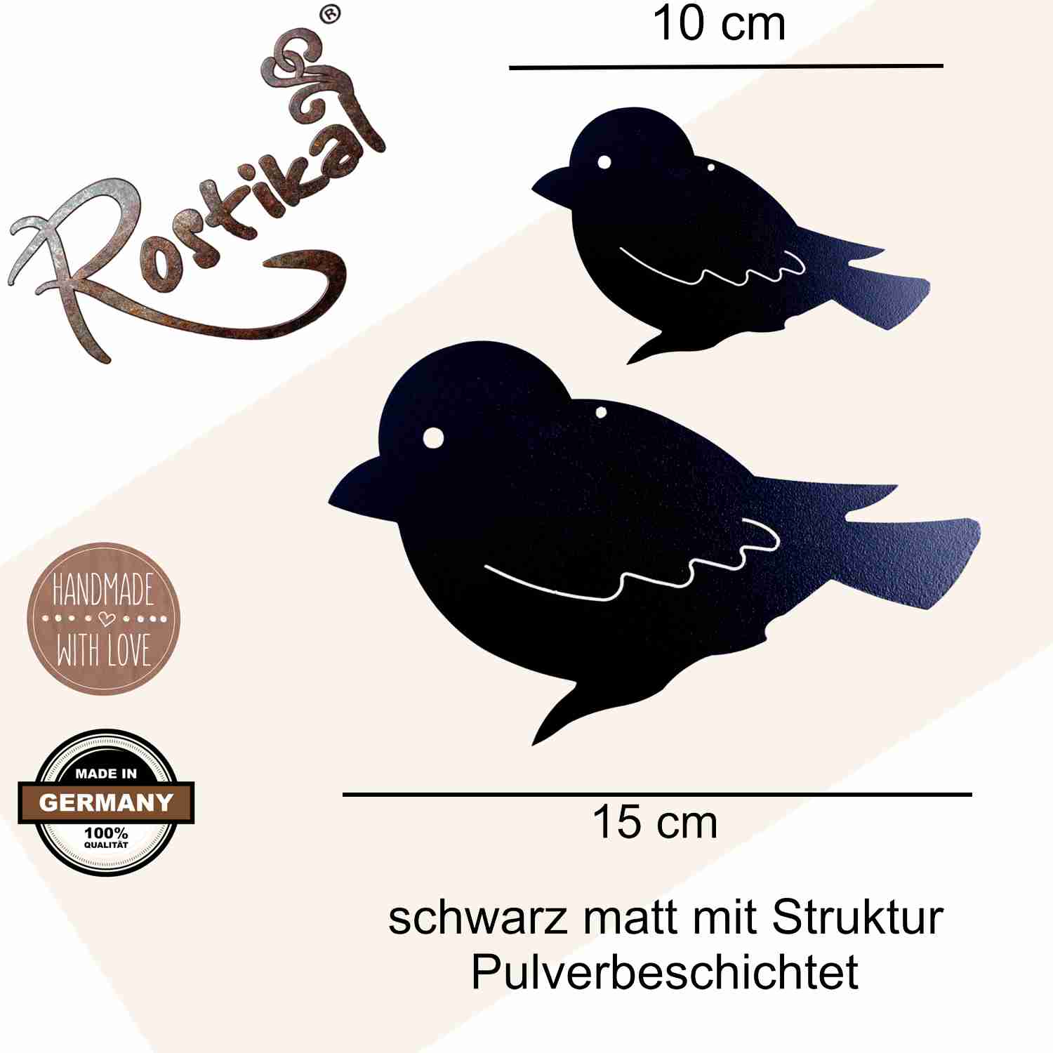 Handgefertigter Wanddeko Vogel aus schwarz matt pulverbeschichtetem Metall als vielseitige Hängedeko für drinnen und draußen