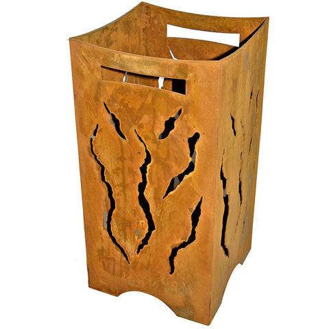 Rostige Metall-Feuertonne, Flammendesign, Gartendeko, gemütliche Atmosphäre für Outdoor-Abende