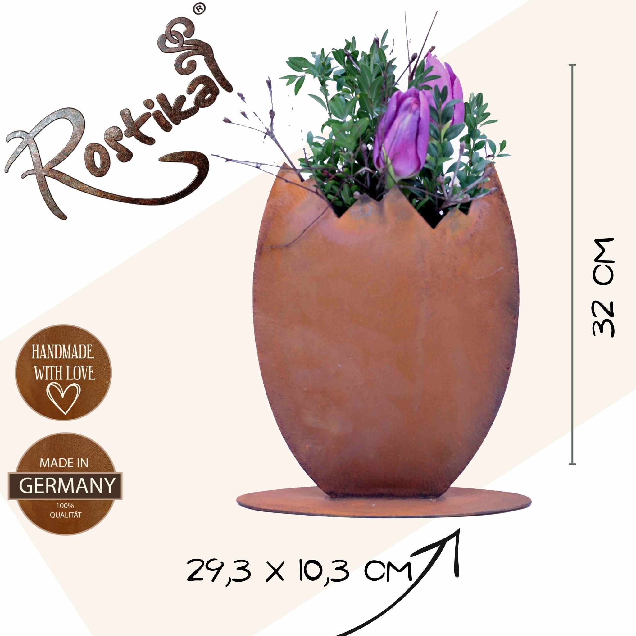 Österliches Rost-Metall-Ei: Bepflanzbare Gartendeko, ideal für farbenfrohe Frühlingsblumen, Osterdekoration & eine warme, einladende Optik.