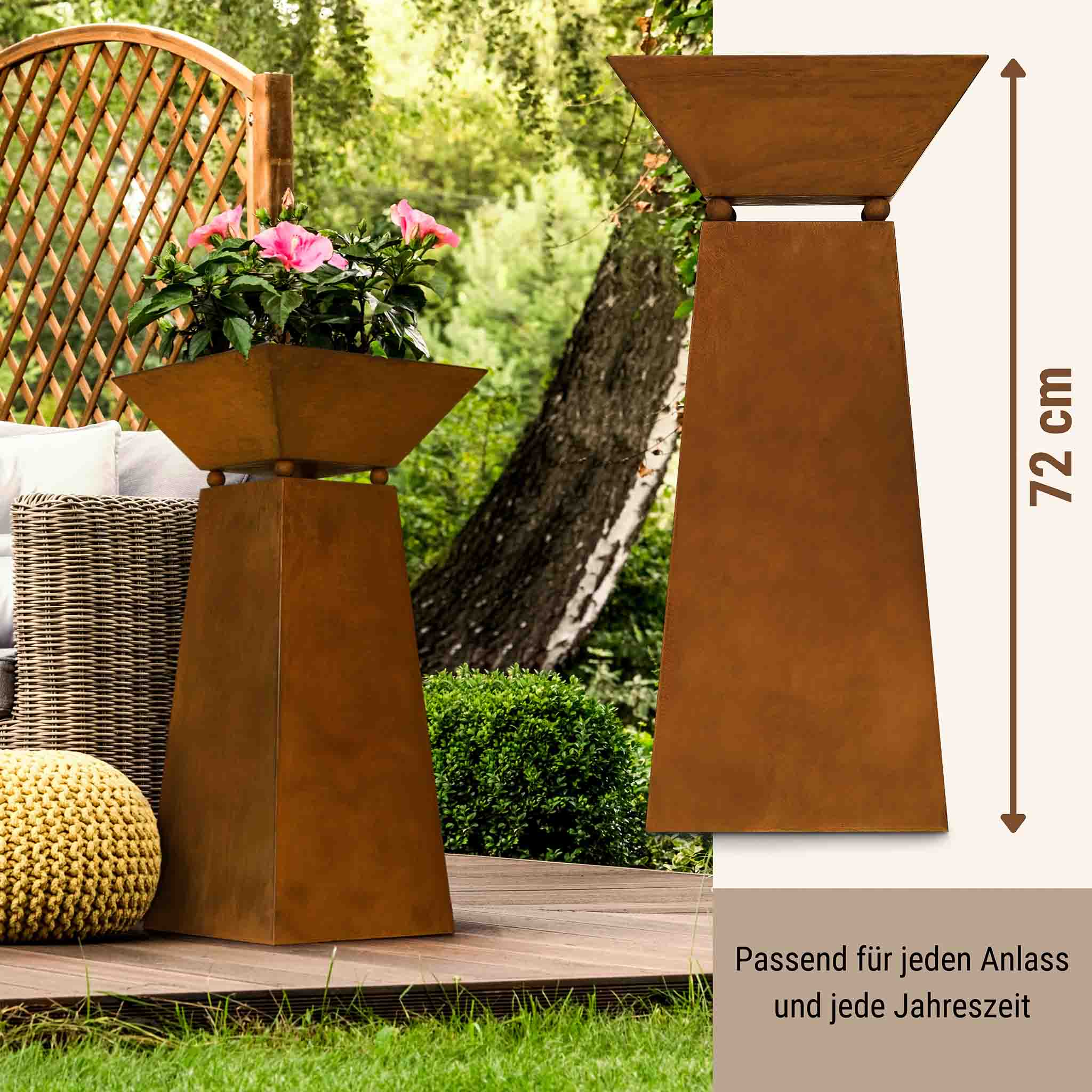 Handgefertigte rostige Pflanzsäule als stilvolle Garten Deko mit wetterfester Langlebigkeit und rustikalem Charme im Boho Style.