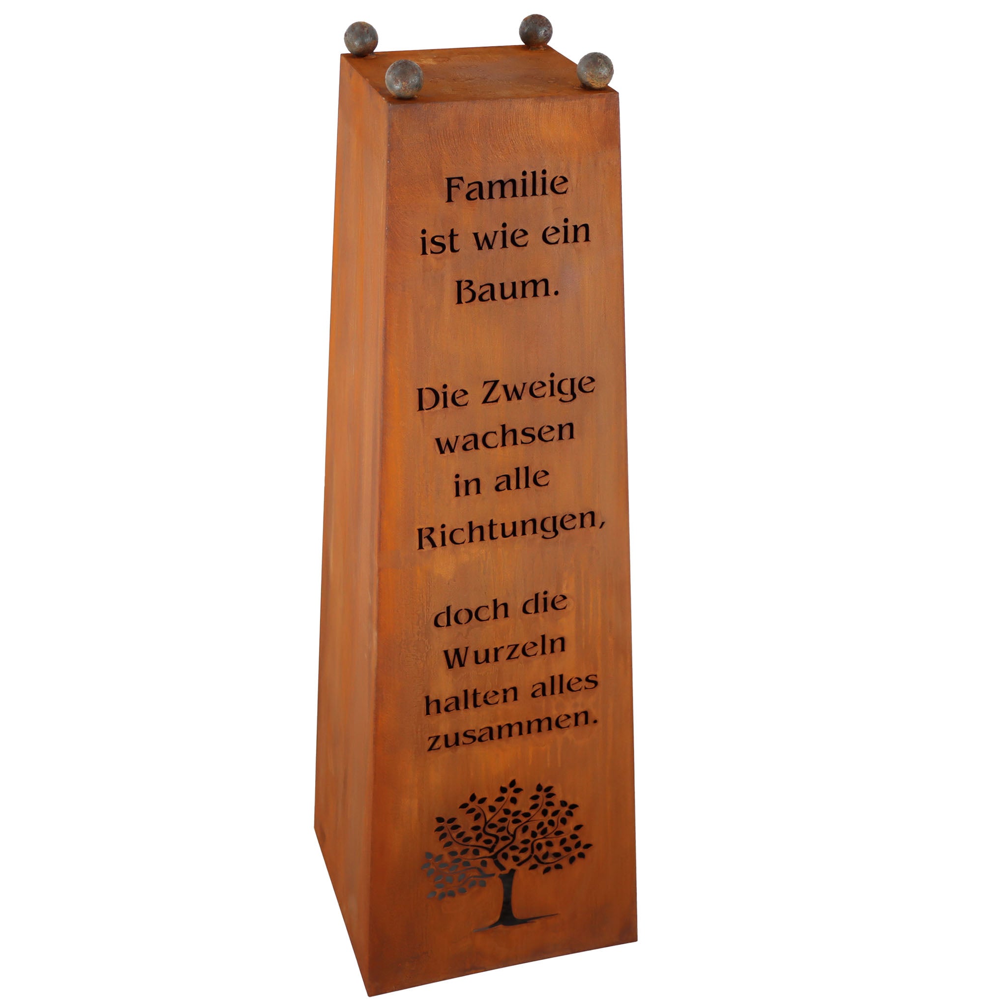 Rustikale Gartensäule mit abnehmbarer Pflanzschale und Familien-Spruch. Handgefertigt mit edler Rostpatina für eine einzigartige Optik.