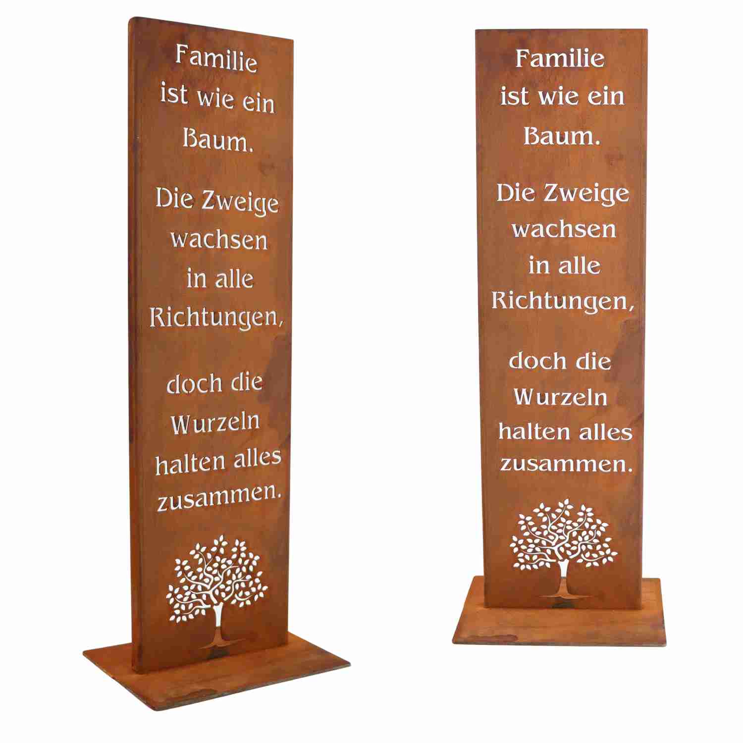 Handgefertigtes Metall Schild mit Familien Spruch und Baum, rustikaler Edelrost, perfekt als Wohnaccessoire für drinnen und draußen.