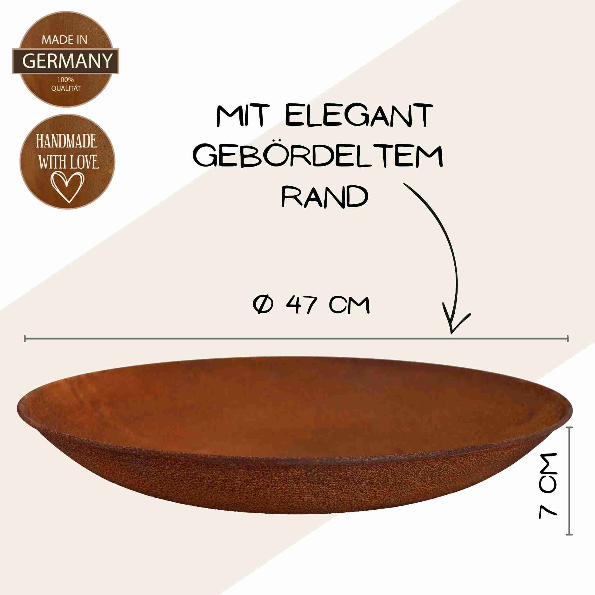 Metall-Pflanzschale mit rostiger Optik - die perfekte ErgĂ€nzung fĂŒr Ihren Garten oder Ihre Terrasse. Ă 47 cm, Höhe 7 cm. Handgefertigt in Deutschland.