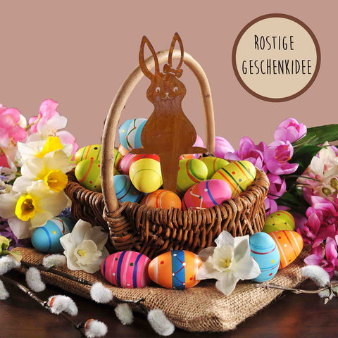 Vielfältige Hasenfiguren aus Rostmetall zum Stecken, verschönern Gärten zu Ostern und im Frühling