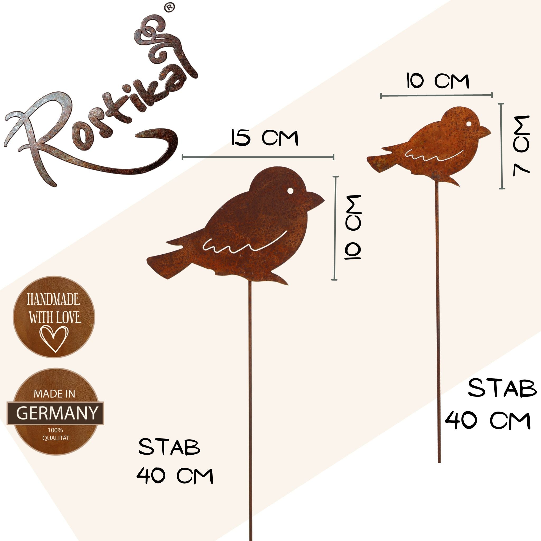 Vogel auf Stab in Rost Optik. Handgefertigt aus Metall. Einzigartiger Blickfang für den Garten. Ideal als dekorativer Akzent oder Gartendeko.