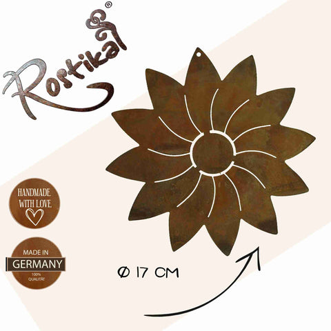 Dekoratives Metallblumen-Steckelement in Rostoptik, passend für Wohnräume und Gartengestaltung, sowohl für Innen- als auch für Außenbereiche