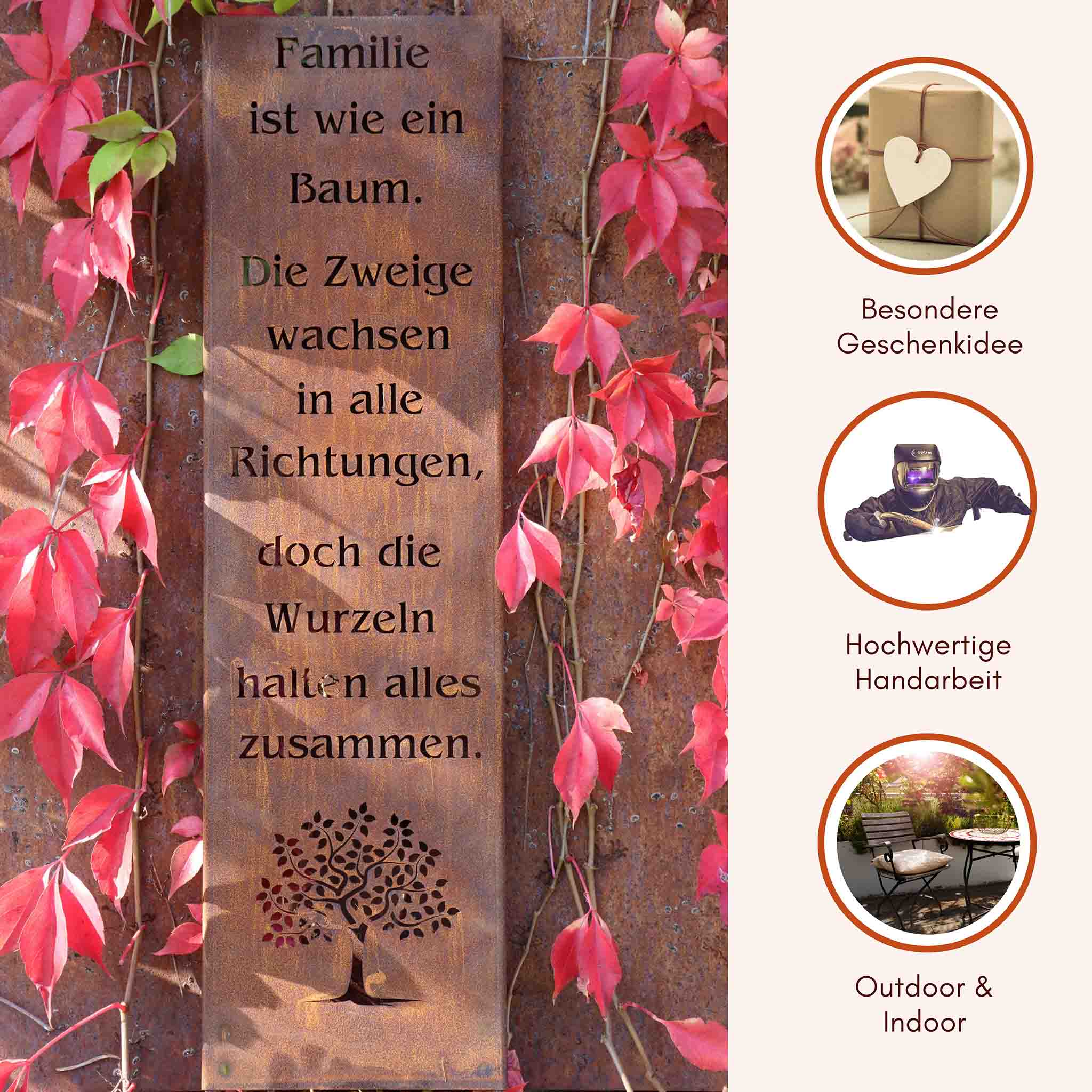 Dekoratives Schild aus Metall mit Spruch über Familie, handgefertigt mit einzigartigem Edelrost Finish, für den Innen- und Außenbereich.