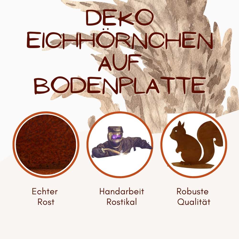 Rostiges Eichhörnchen auf ovaler Bodenplatte – aus Metall mit natürlicher Patina, perfekte Herbstdekoration für Ihr Haus und den Garten.