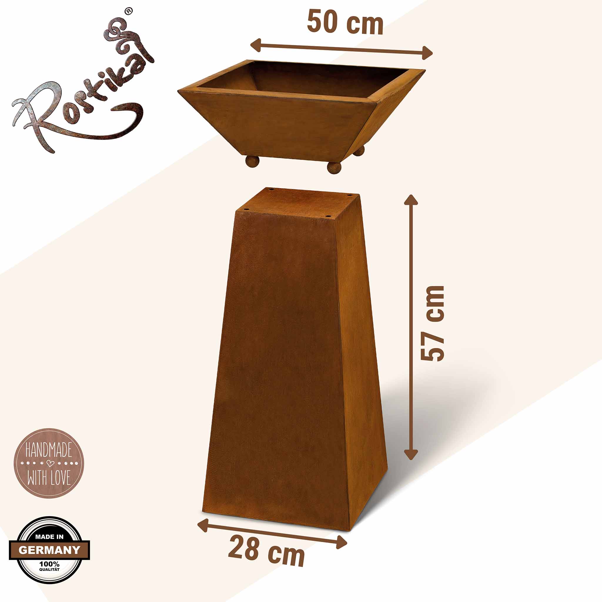 Rustikale Pflanzschale auf Metall Säule als langlebige und wetterfeste Dekoration für Garten und Terrasse im Vintage Design.