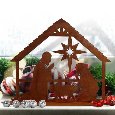 Rostige Weihnachtsdekoration mit Charme: Die handgefertigte Metall Deko Krippe mit Figuren ist eine besondere Ergänzung für Ihr Zuhause.