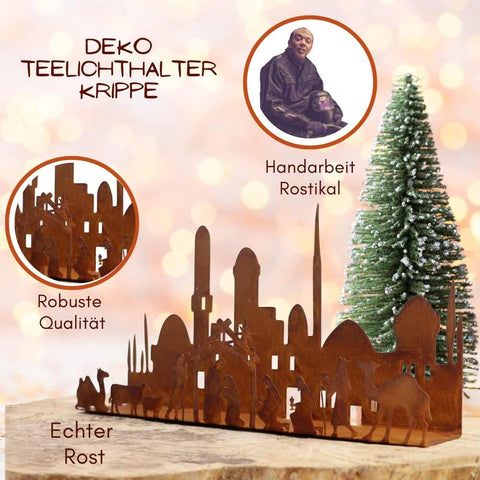 Der rustikale Kerzenständer aus Edelrost-Metall verleiht Ihrer Weihnachtsdekoration einzigartigen Vintage-Charme und ist perfekt als Tischdeko oder Gartendeko.