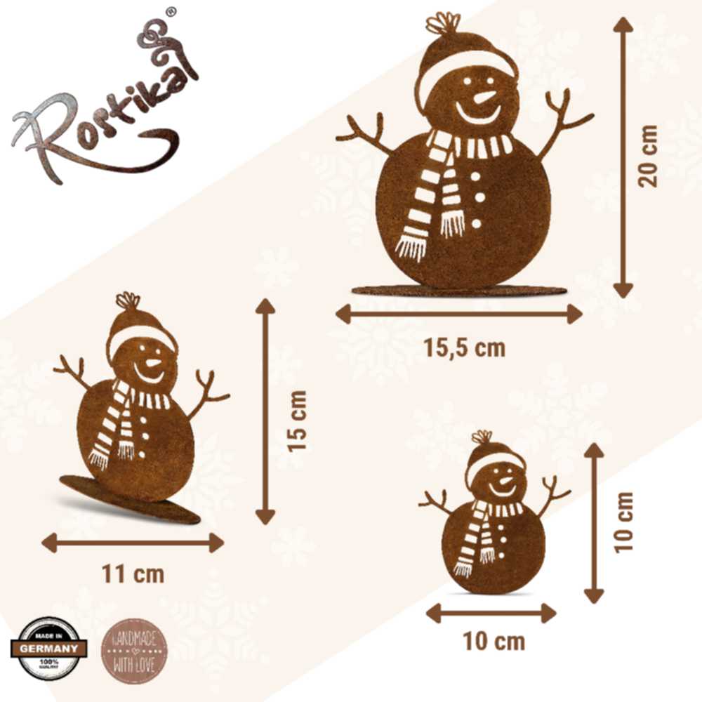 Charmante Metall Schneemannfigur als rustikale Ergänzung für die Winterdekoration. Handgefertigt mit natürlichem Rosteffekt.