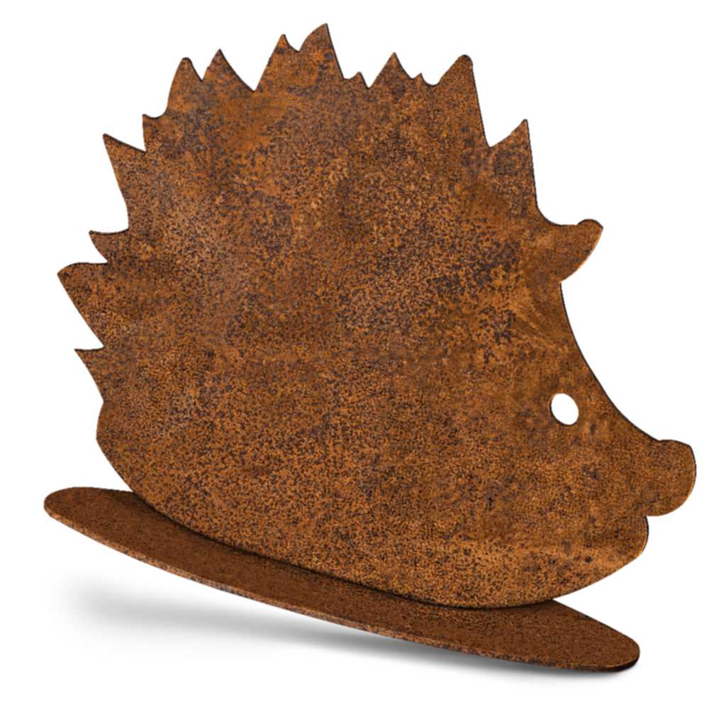 Handgefertigter rostig rustikaler Igel als einzigartige Metall Skulptur fĂŒr einzigartige Dekorationen von Haus und Garten.