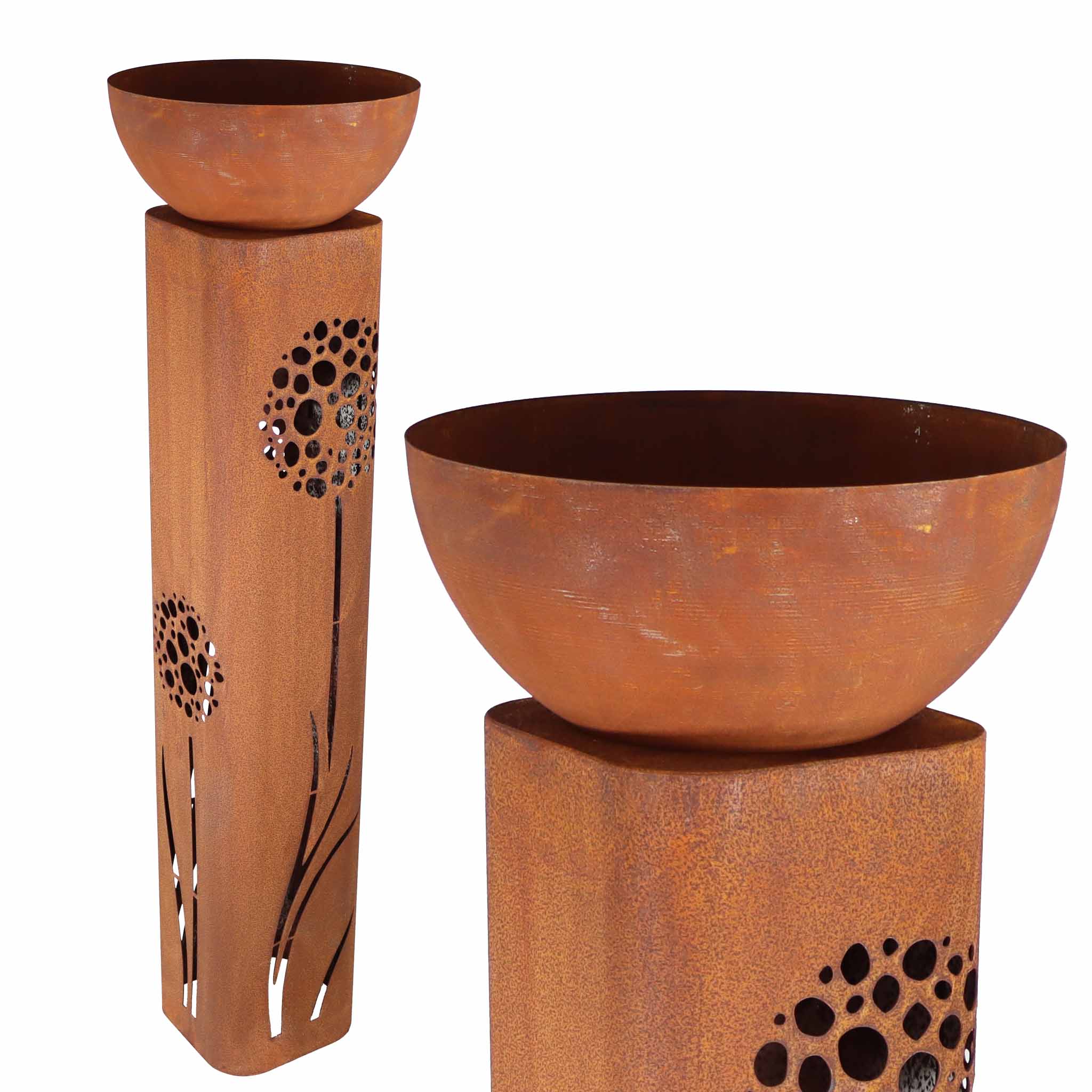 Edelrost Pflanzsäule mit Pusteblumen-Design - stilvolle Gartendeko für individuelle Gartenakzente