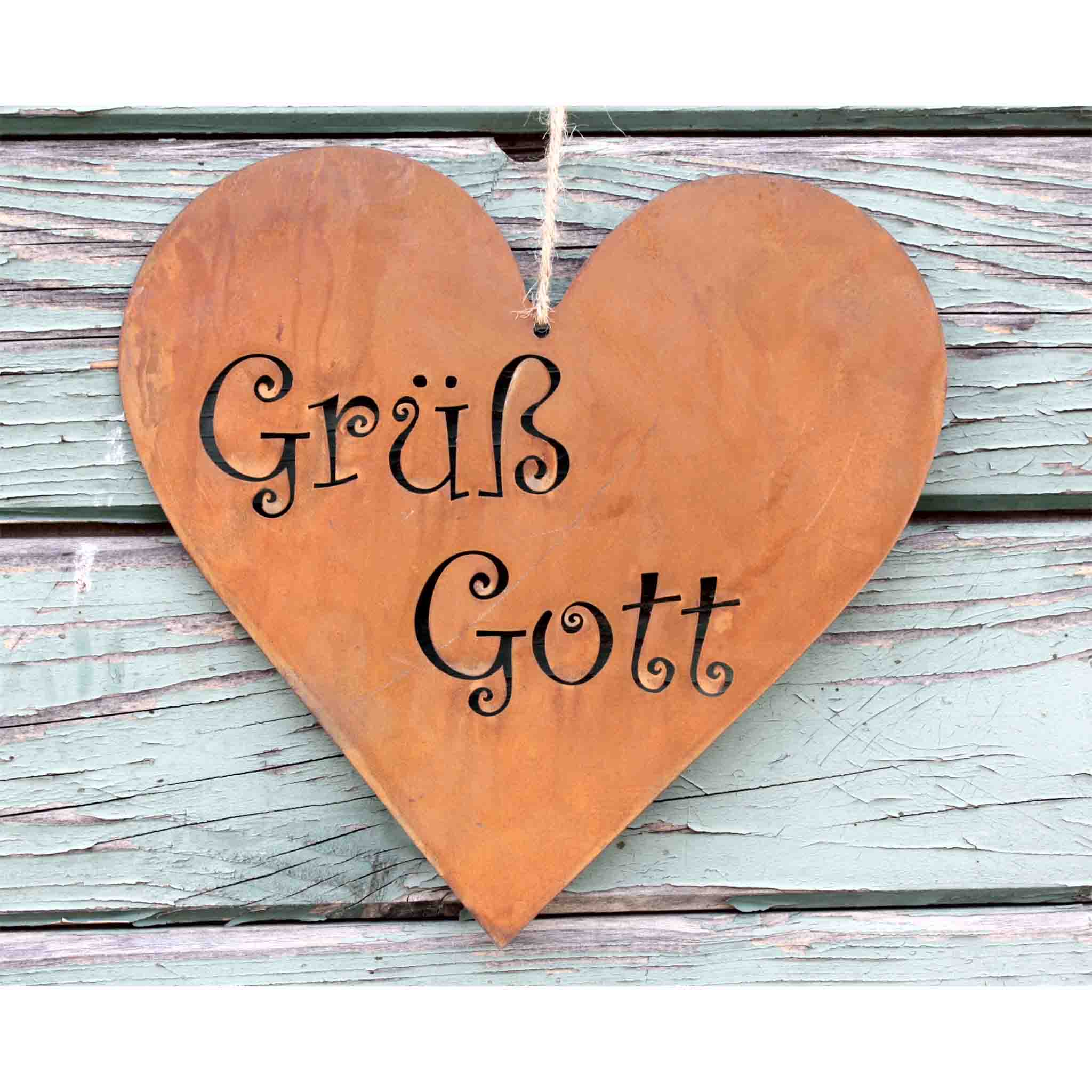 Metall Rost Deko Herz in Edelrost mit Gruess Gott Text für Garten und Wohnbereich