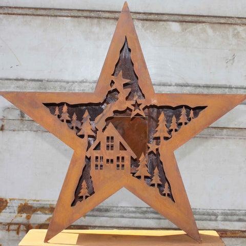 Edelrost Stern-Winterlandschaft Windlicht, Metall Laterne, stimmungsvolle Weihnachtsdeko, Rost Dekoration