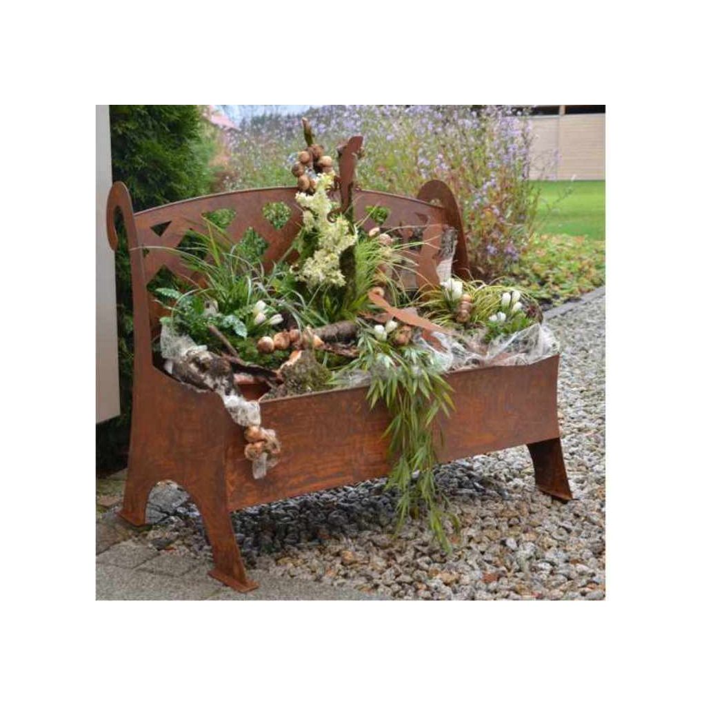 Grosse Gartendeko Rost Metall Bank zum Bepflanzen und Dekorieren. Ideal als Gartendeko auf der Terrasse und im Vorgarten.