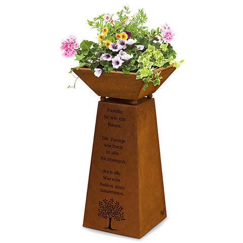Handgefertigte Edelrost Gartensäule mit Pflanzschale - Vintage Design, drinnen und draußen ideal. Familien-Spruch & Baum-Motiv.