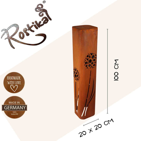 Rostige Gartendeko - Vintage Säule mit Pusteblumen und Pflanzschale