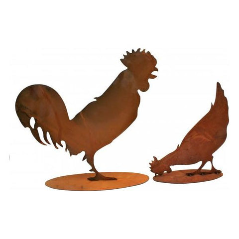 Rostig rustikales Metall Huhn und Hahn im Figuren Deko Set als charmante Gartendekoration im Vintage Look, wetterfest und langlebig.