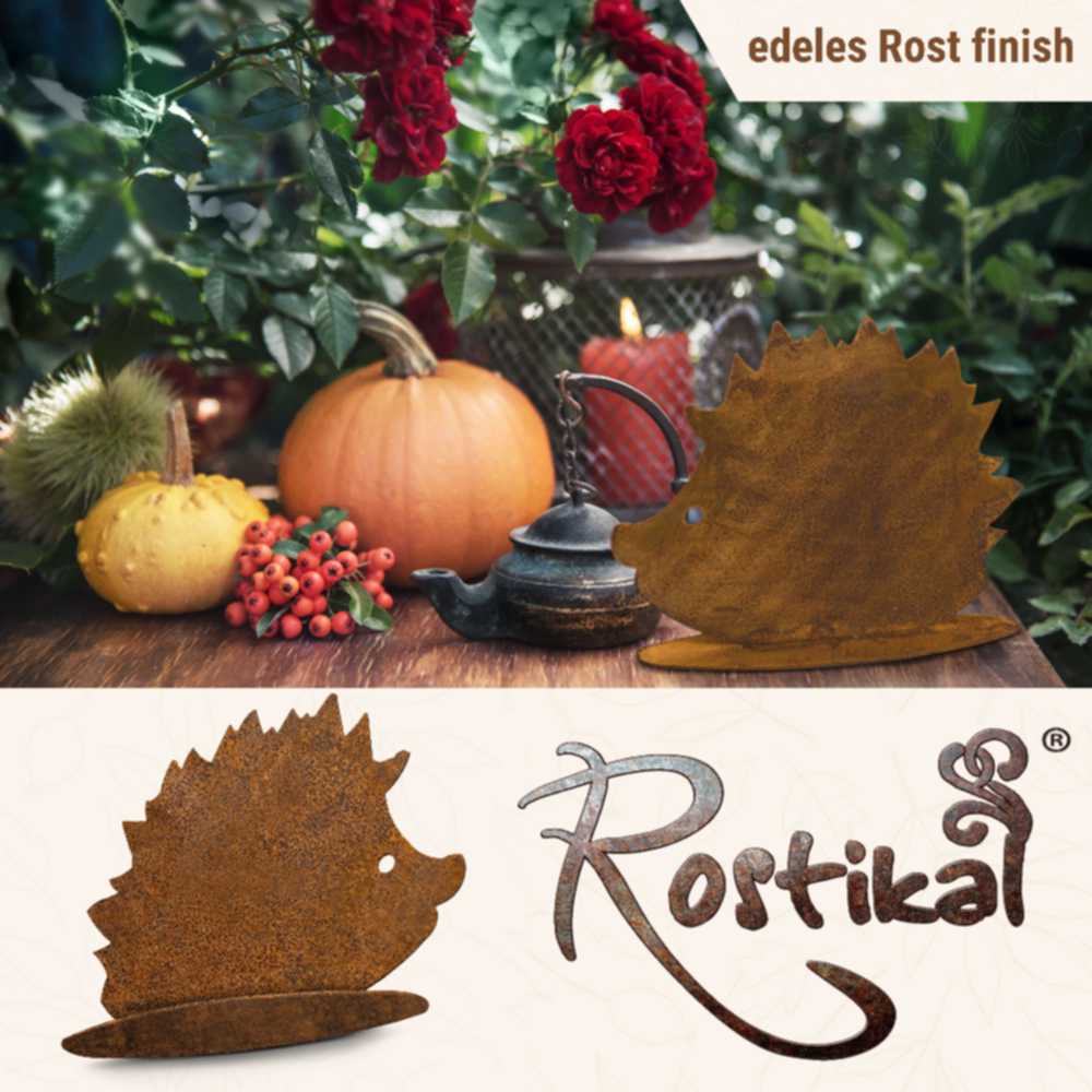 Rostige Igel Figur als einzigartige Metall Skulptur fĂŒr rustikale Garten und Wohndekorationen mit einem charmanten Vintage Deko Look.