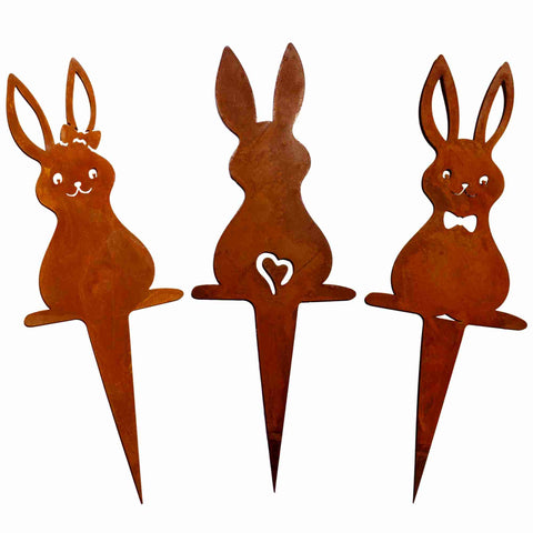 Rostige Metall-Hasenstecker im Set, Oster- & Frühlingsdeko mit niedlichen Tierfiguren für Garten und Blumenbeete