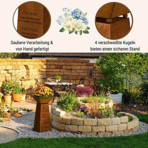 Rostige Metall Skulptur für den Garten und die Terrasse mit Zitat über Zusammenhalt der Familie als hochwertige Außendekoration