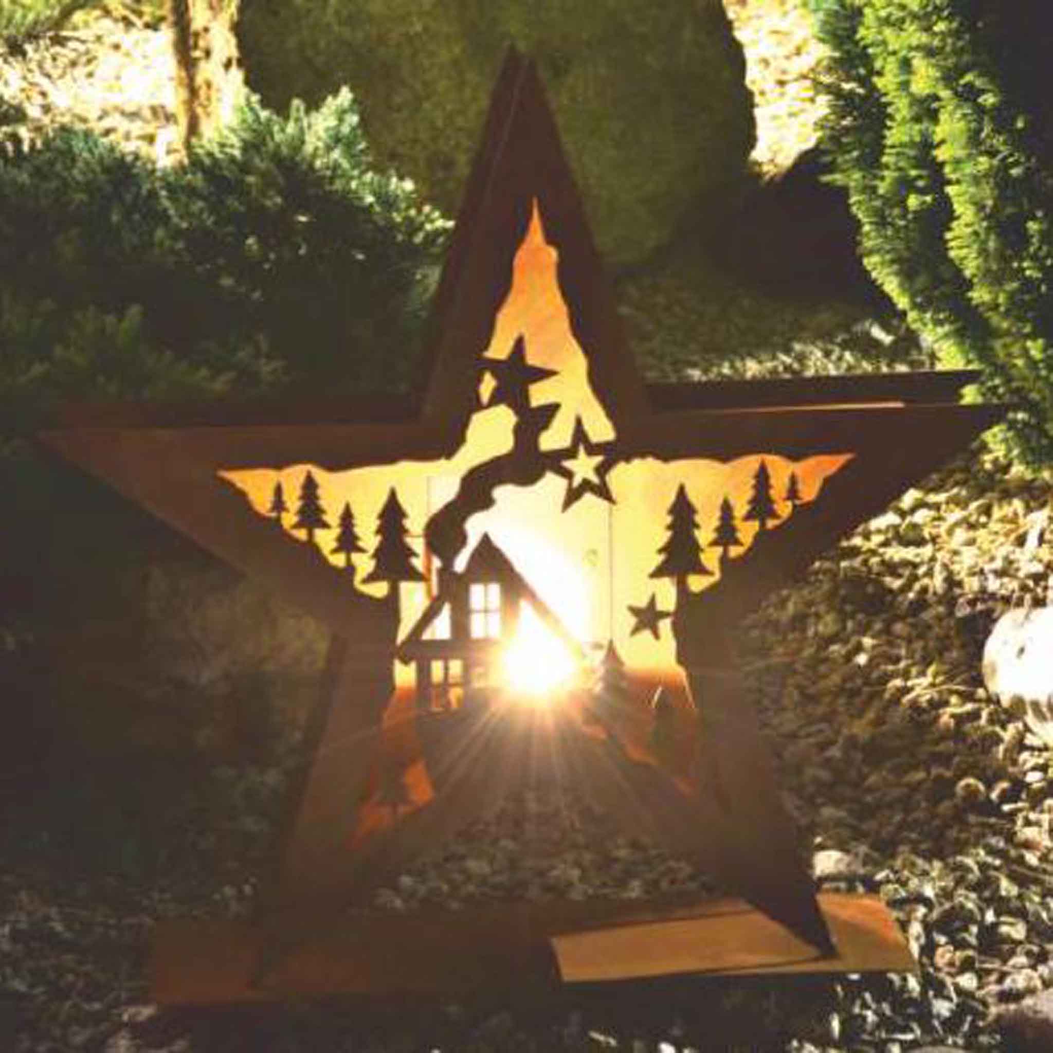 Winterliche Stern-Windlicht, Edelrost Metalldeko, atmosphärisches Weihnachtslicht, Laterne im Rostdesign