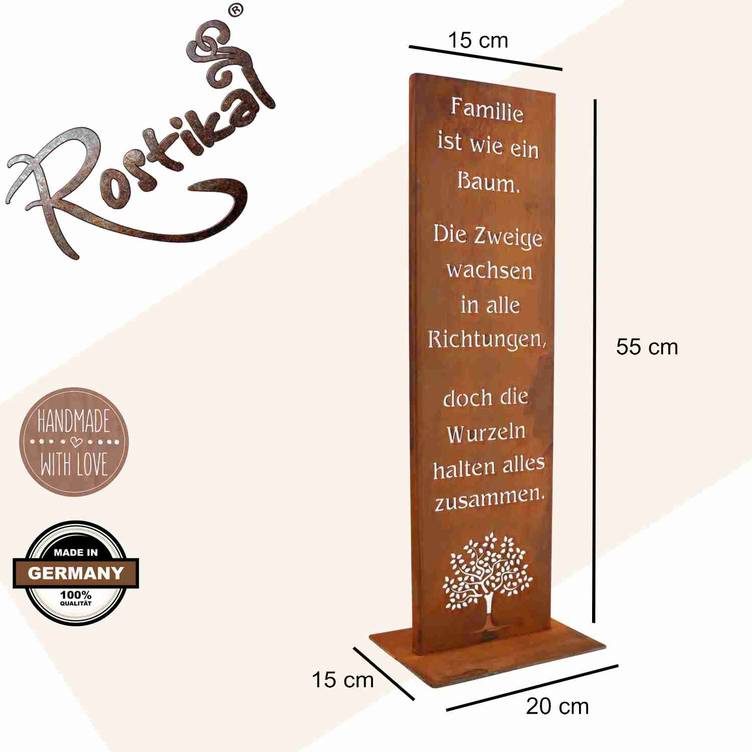 Rustikales Metall Schild mit Spruch über die Familie, Baum Motiv, Vintage Look und Edelrost Finish, einzigartiges Unikat für Wohnaccessoires.