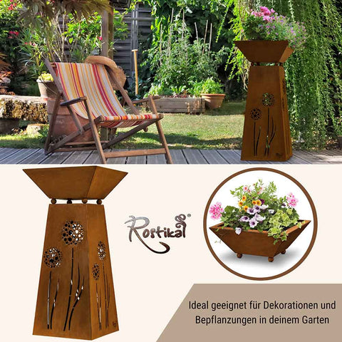Rostige Säule mit Pflanzschale: stilvolle Dekoration für Garten, Terrasse und Balkon