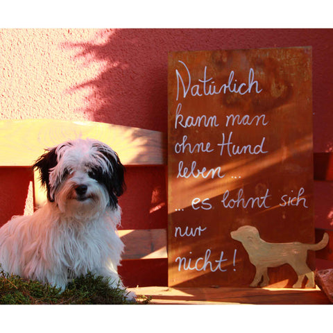 Schild Samy, Rostige Spruchtafel mit Hund