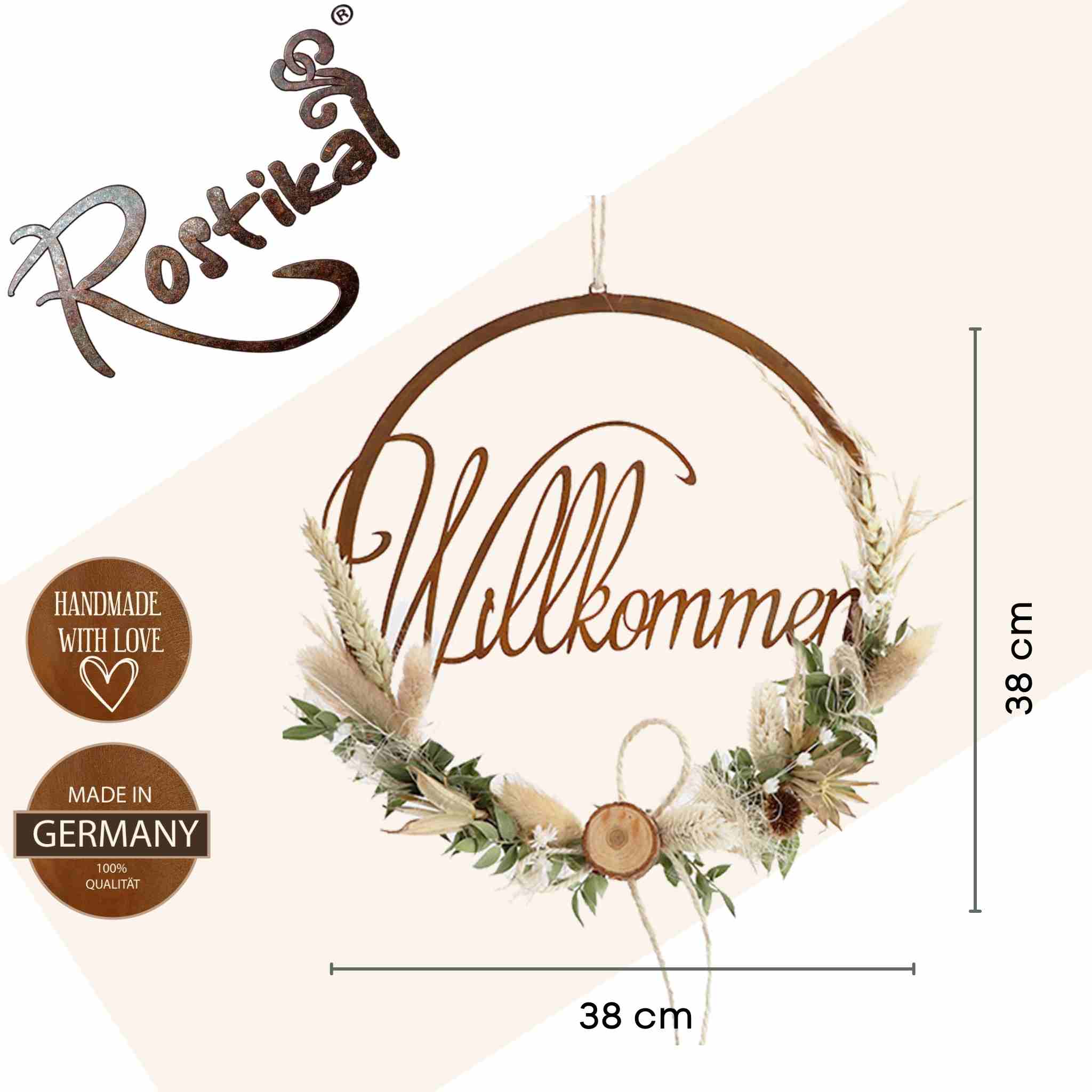 Edelrost Willkommen Türkranz - stilvolle Eingangs Deko, unterstreicht Gastfreundschaft & Trockenblumen Deko