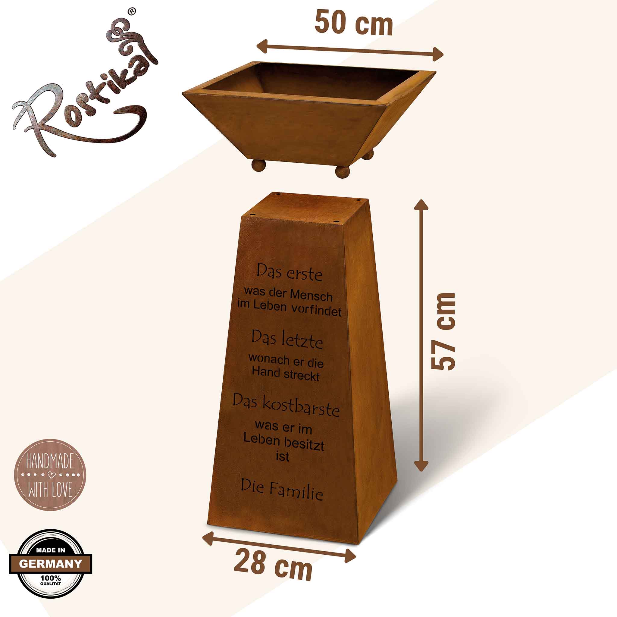 Wetterbeständige und robuste Edelrost Gartendeko in Form einer Standsäule mit Spruch über die Familie und Pflanzgefäß.