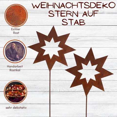 Edelrost Sterne als Weihnachtsdeko für den Innen- und Außenbereich. Die handgefertigten Metallsterne haben eine einzigartigen Rostpatina